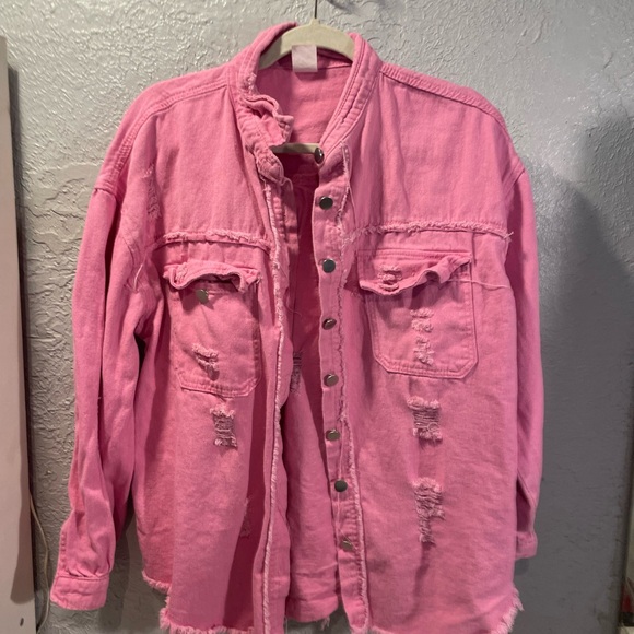 Jean. Jackets & Blazers - Women's Pink Distressed Denim Jacket